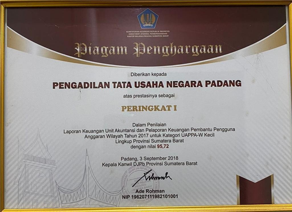 Piagam Penghargaan dari Kepala Kanwil DJPB Sumatera Barat Tahun 2017