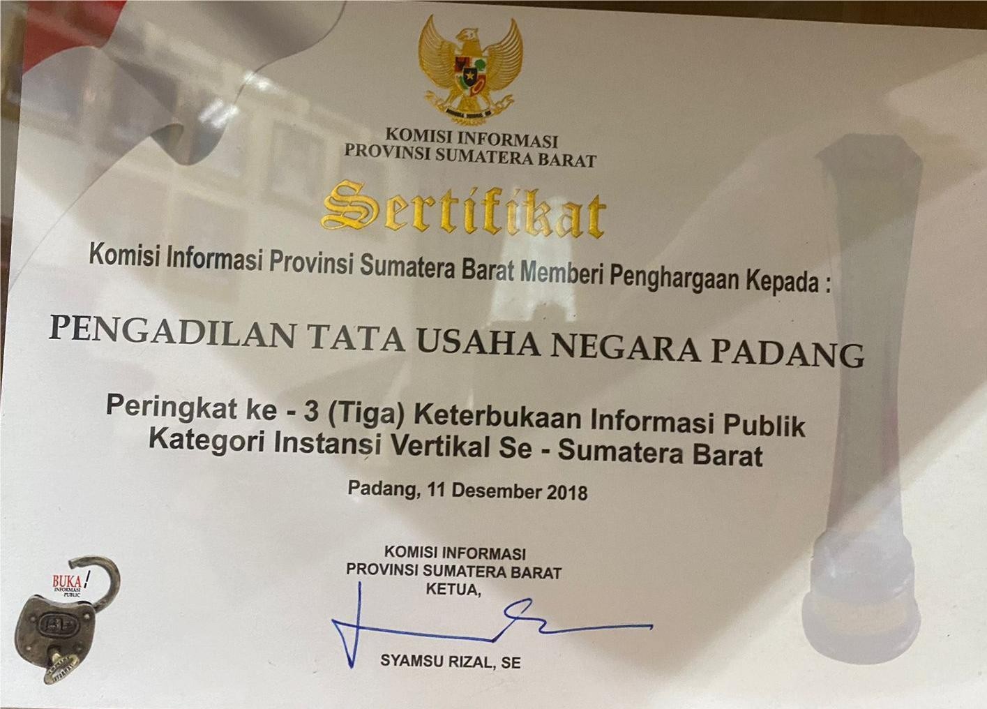 Sertifikat Penghargaan dari Komisi Informasi Sumatera Barat