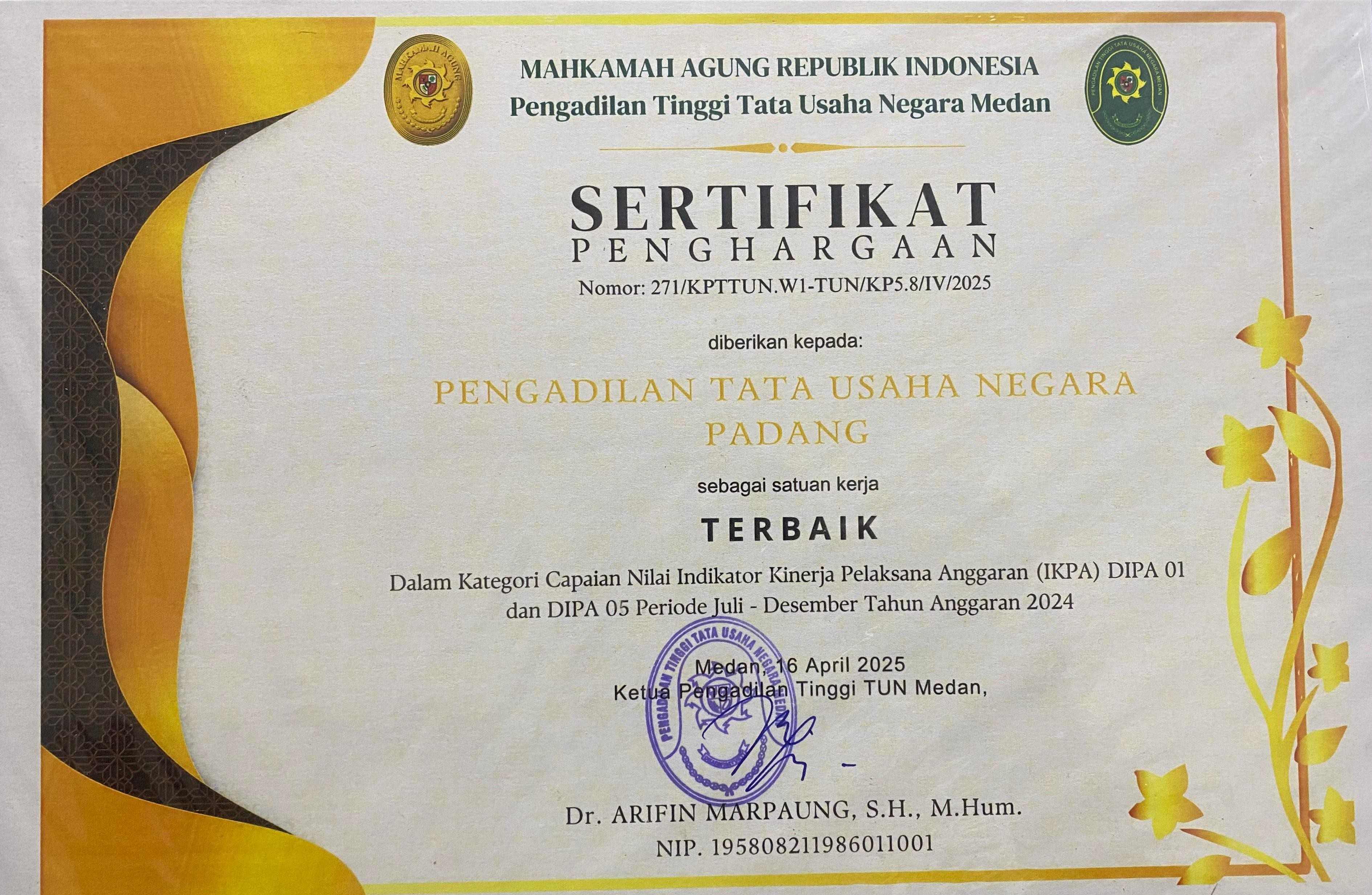Penghargaan Sertifikat IKPA Tahun 2024