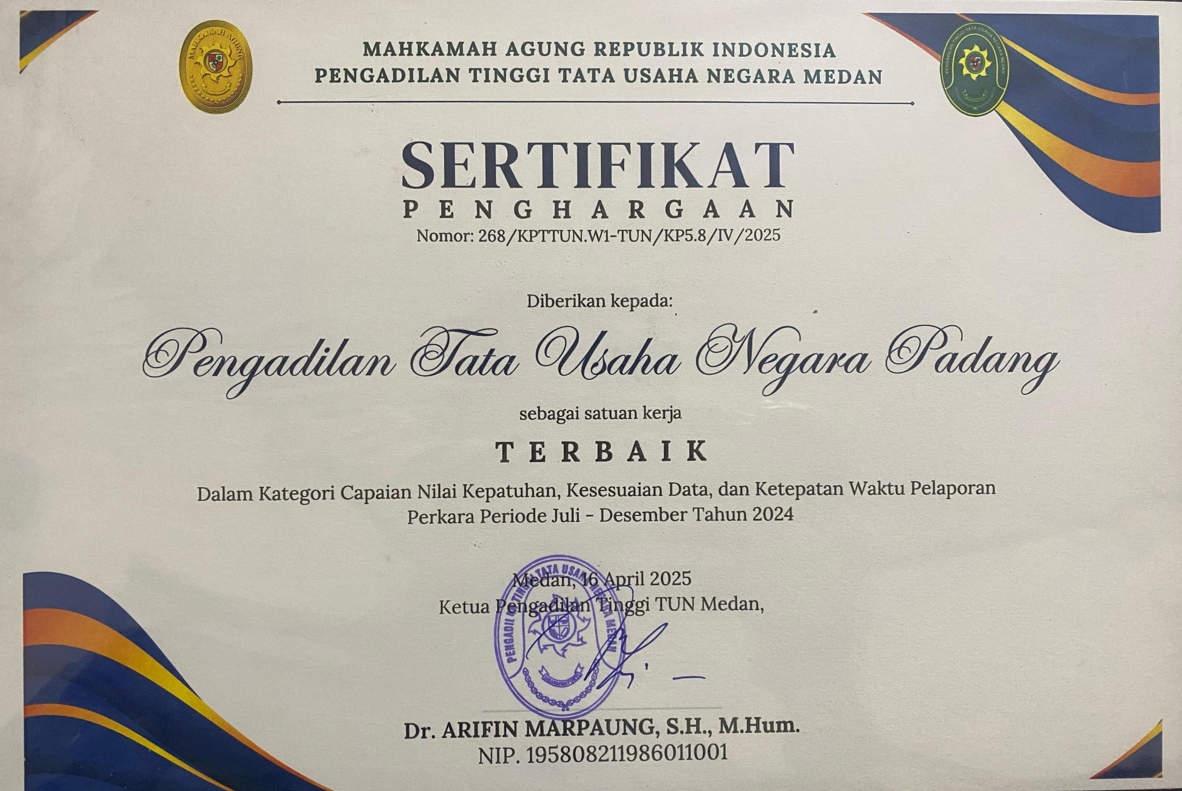 Penghargaan Sertifikat Capaian Nilai Kepatuhan Periode Juli-Desember 2024