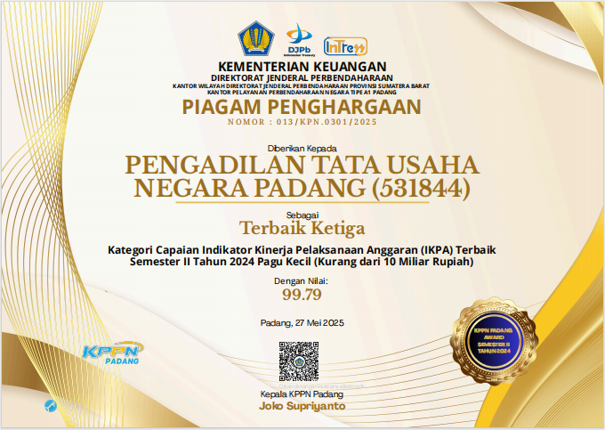 Piagam Penghargaan IKPA Dari KPPN Padang